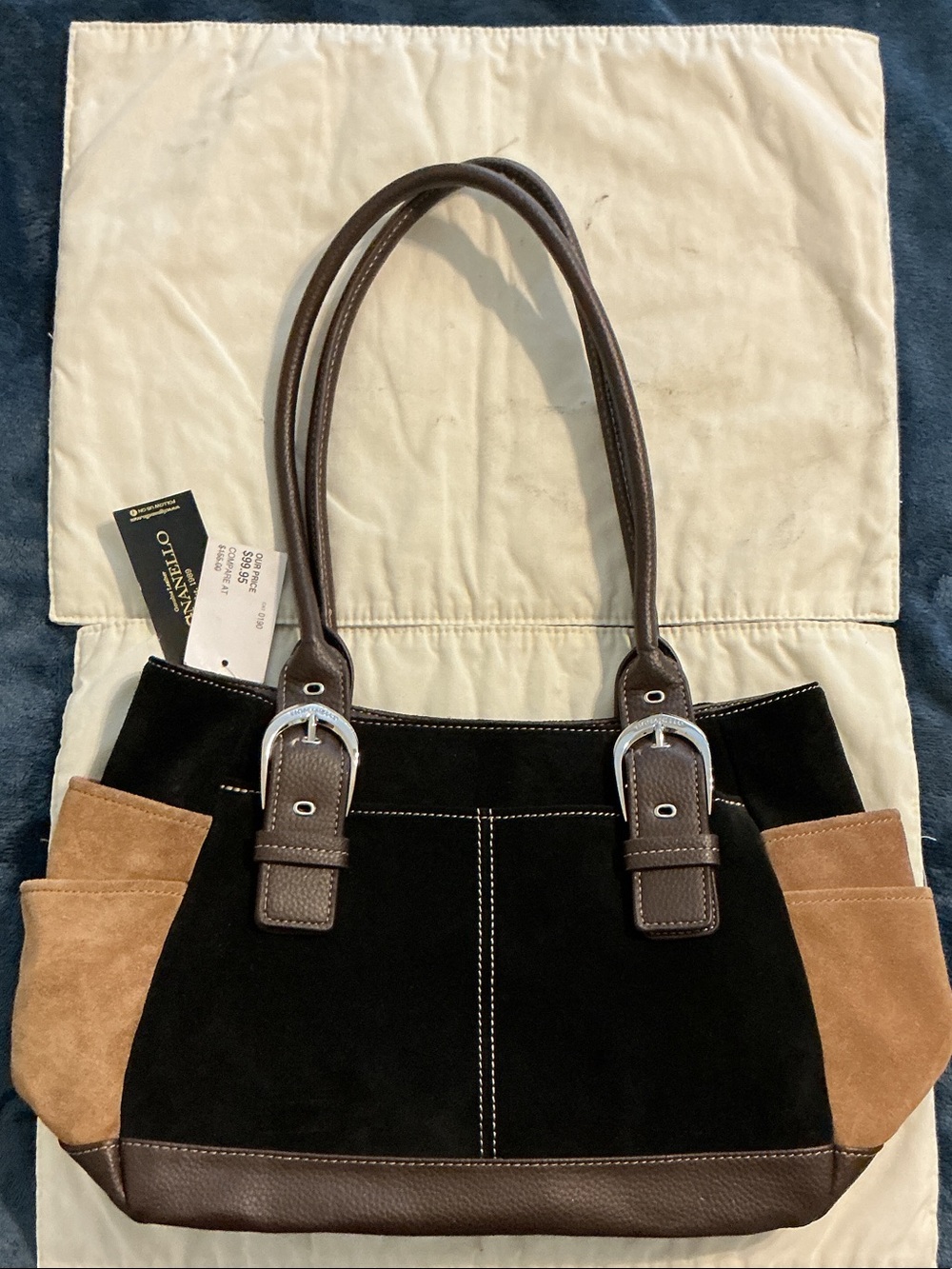 Tignanello Black and Tan Suede Shoulder Bag with Brown Leather Trim
